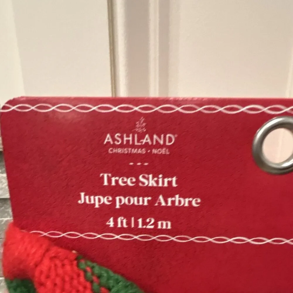 Ashland Christmas Tree Skirt Red Green White Striped Round 4 ft Pom Pom Trim